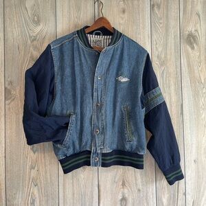 Men’s Blue Denim Varsity Bomber Jacket with waterproof sleeves and cinched waist